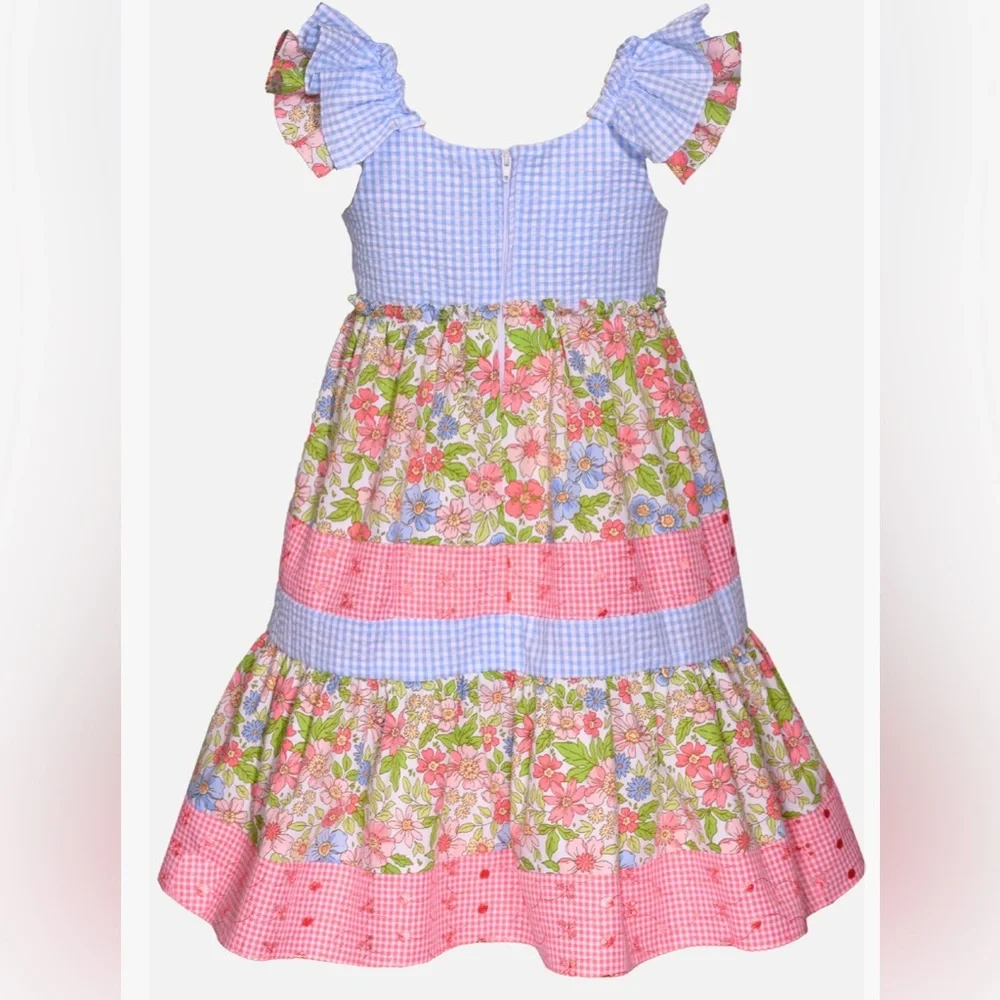 Bonnie Jean Flutter Sleeves Mixed Print Dress with Matching Hat. 3T - Picture 2 of 12